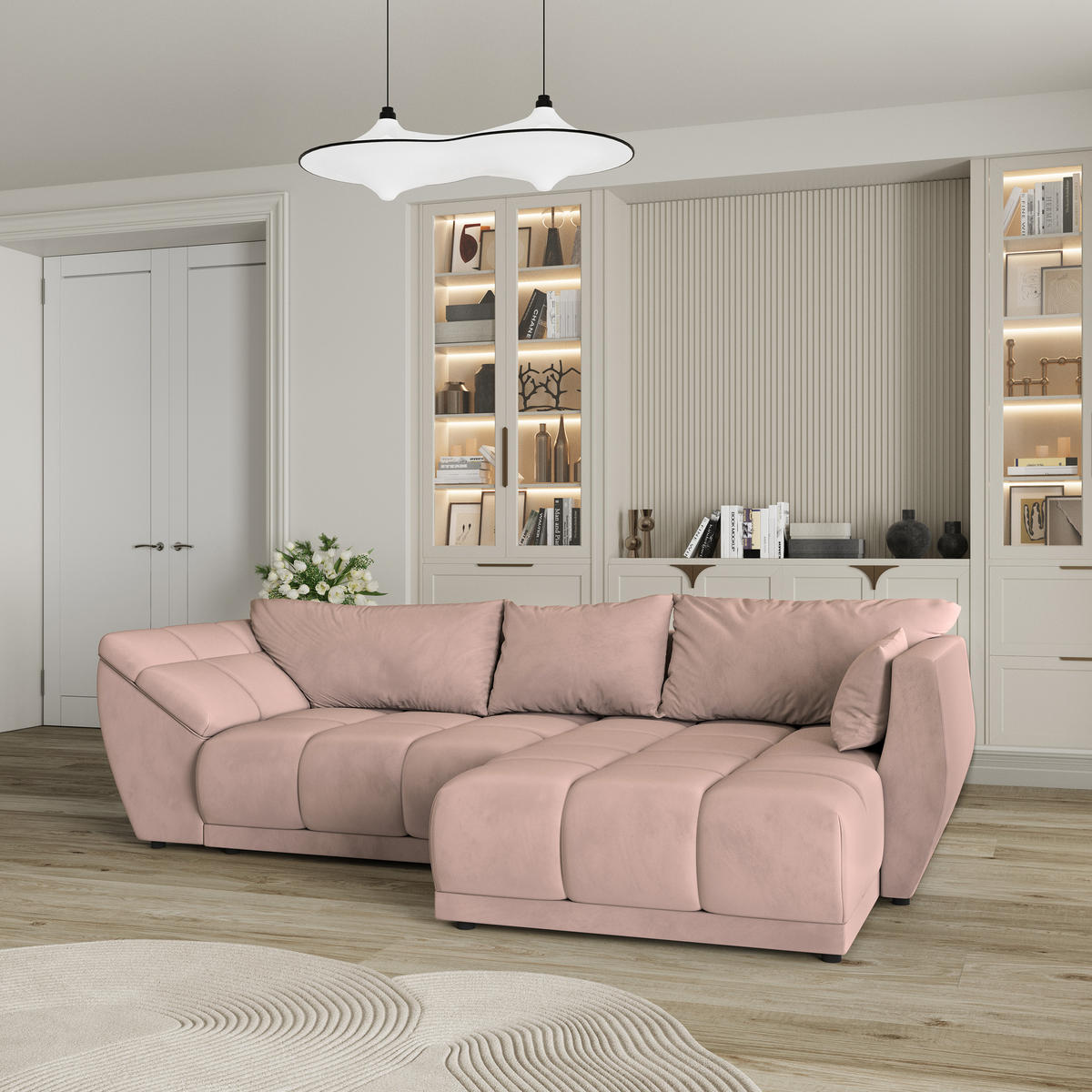 ECKSOFA ORENTI R-S Rosa Velours-Stoff mit Schlaffunktion - Rosa, Holz (287/182cm) - MASSENO