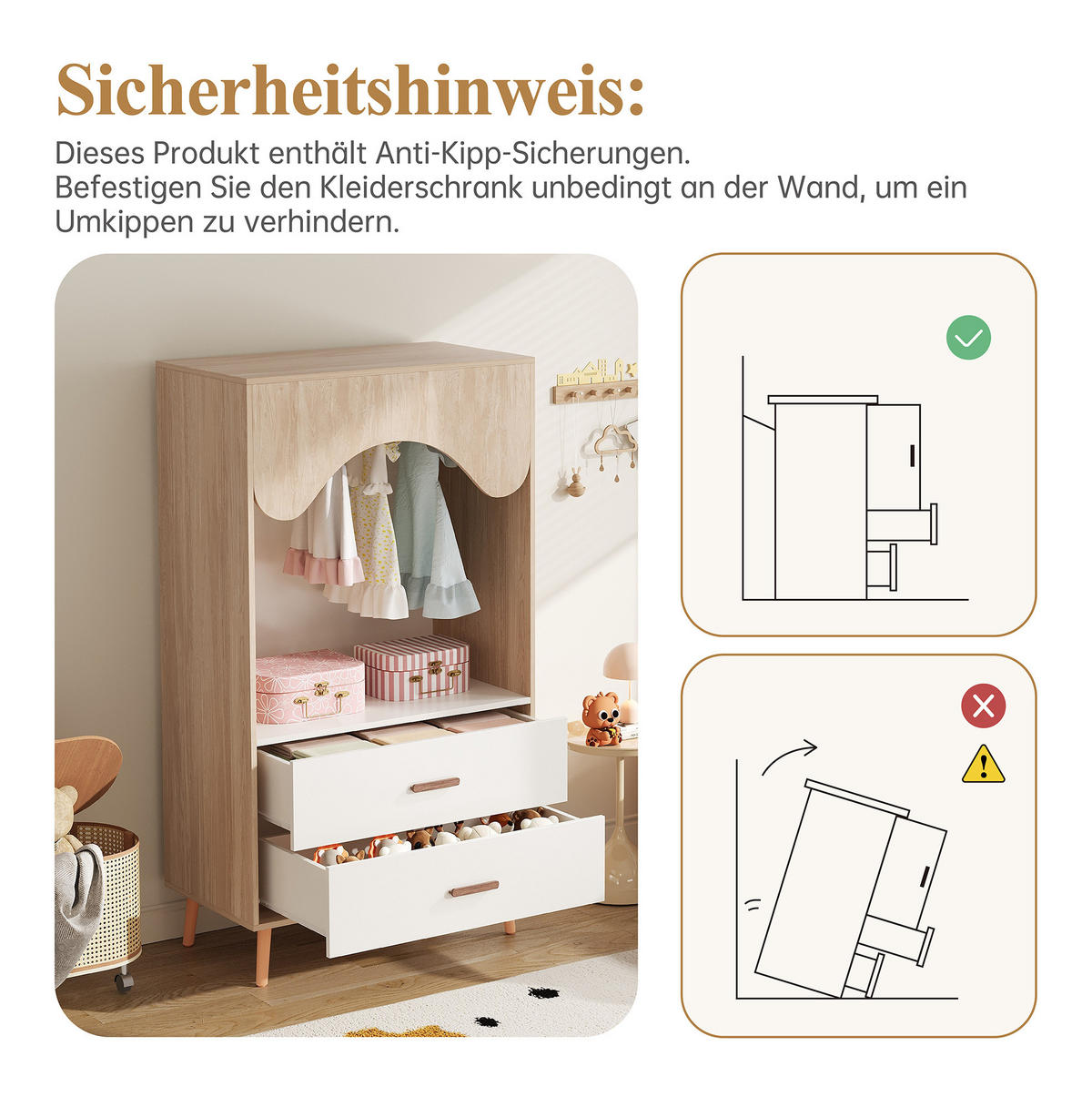 KLEIDERSCHRANK 80/141,5/46 cm Natur/Weiß aus MDF mit 2 Schubladen - Weiß, Holzwerkstoff (46/141.5/80cm) - OKMYHOME