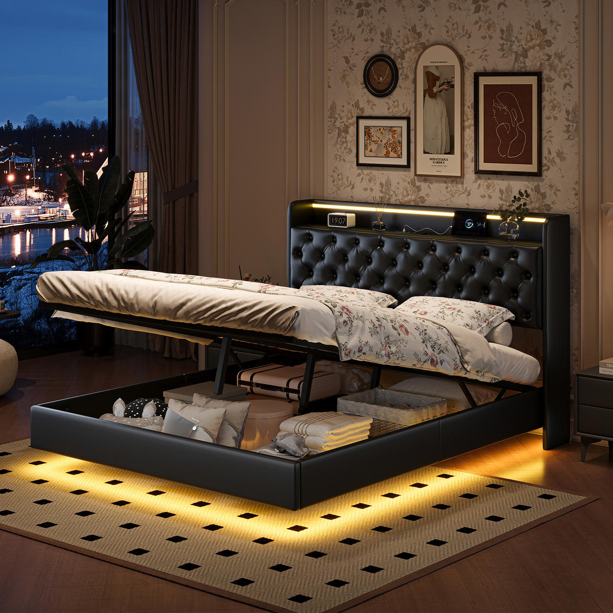 POLSTERBETT 140x200 cm LED USB Stauraum Lattenrost PU Leder schwarz - Schwarz, Holz (140/200cm) - LEBENLANG