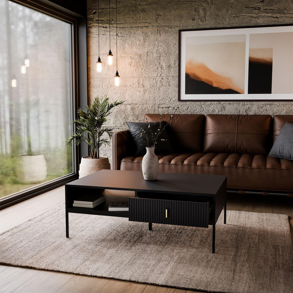 COUCHTISCH MIDNIGHT mit Schublade auf Gestell schwarz - Schwarz, Holzwerkstoff (68/104/39cm) - Lookway
