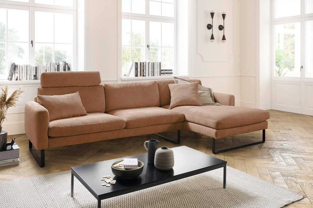 ECKSOFA RICARDA Braun Cord - Dunkelbraun/Schwarz, Textil/Metall (298/154cm) - KAWOLA