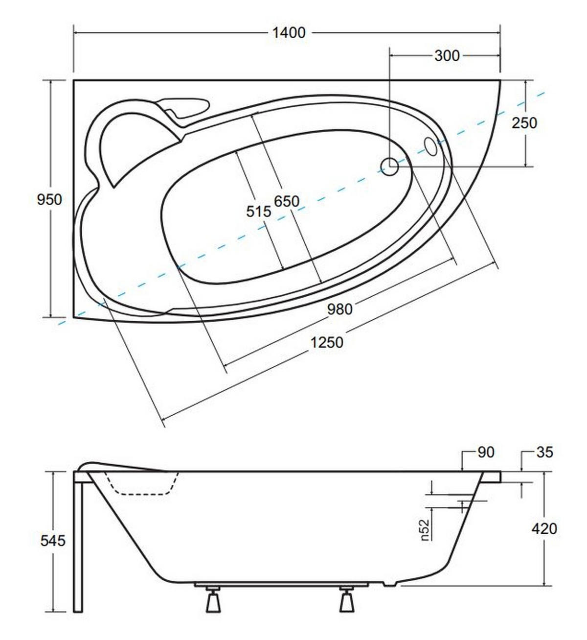BADEWANNE Eckwanne FINEZJA 140/95 Links Ablauf & Füße - Weiß, Kunststoff (95/54.5/140cm) - bad land
