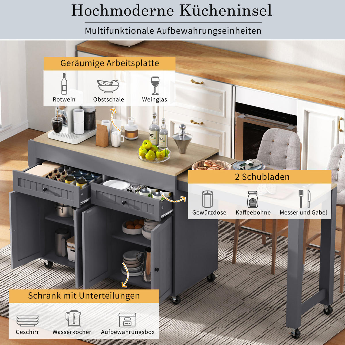 KÜCHENINSEL mit ausziehbarer Arbeitsplatte 112-180,5 x 45 x 92,2 cm Natur/Grau - Grau, Holz (45/92.2/180.5cm) - Beauniv