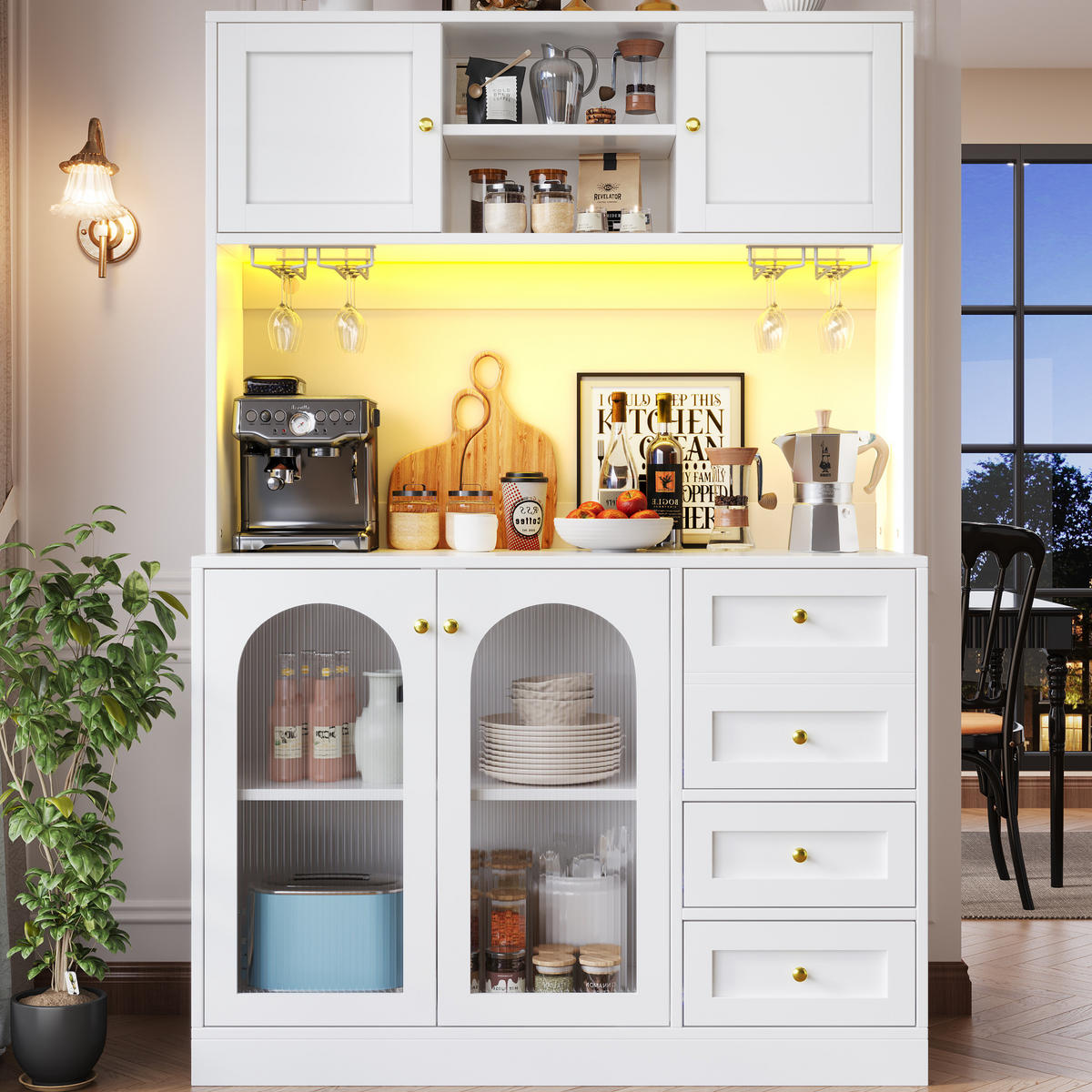 BUFFETSCHRANK 120/40/188 cm aus MDF mit LED-Lichtleiste, Fluted-Glas und viel Stauraum, Weiß - Weiß, Holzwerkstoff (120/188/40cm) - Redom