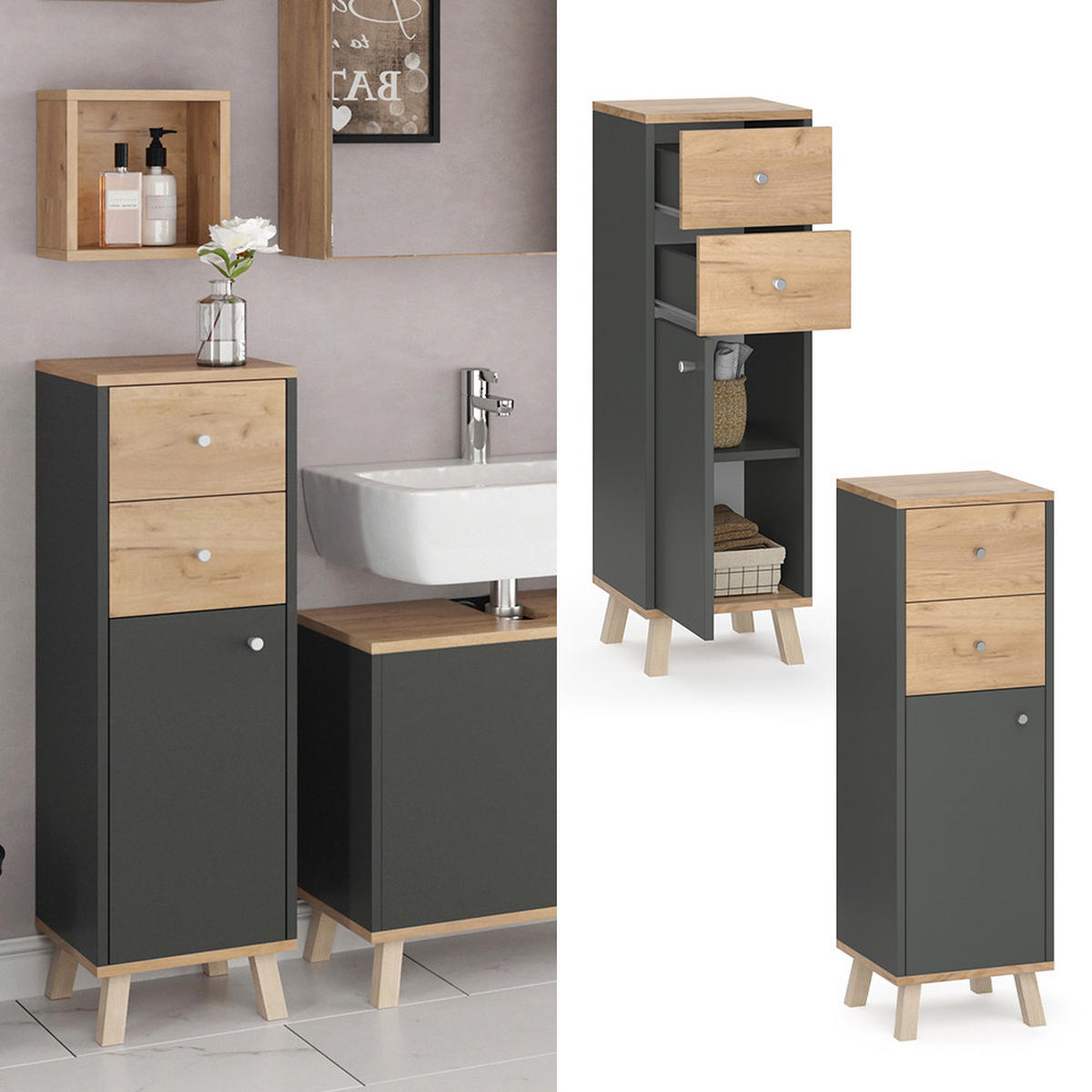 MIDISCHRANK Senyo Anthrazit 30 x 95 cm mit Schubladen - Anthrazit, Holzwerkstoff (30/95/30cm) - Vicco