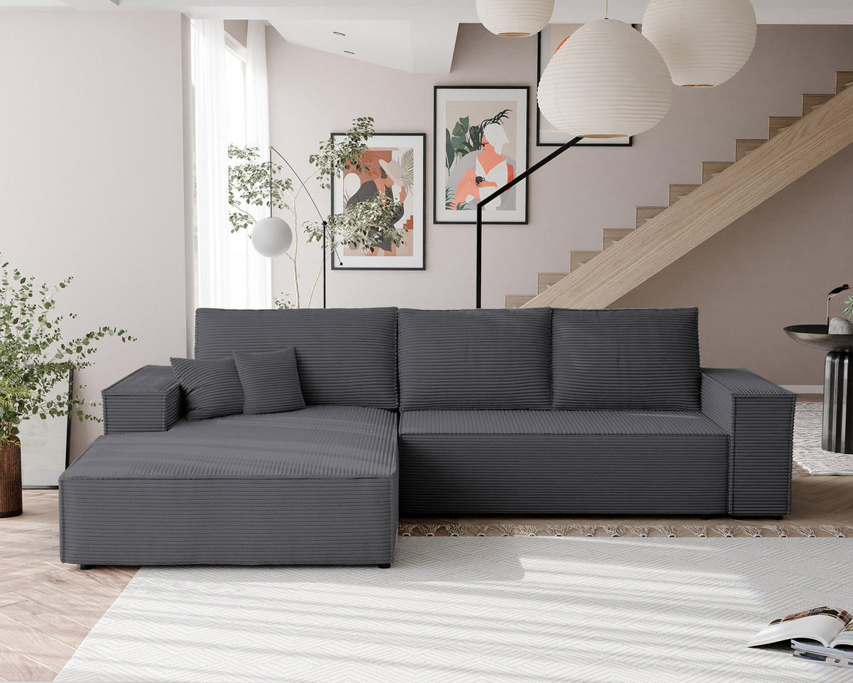 ECKSOFA NOVA mit Schlaffunktion und Bettkasten Dunkelgrau - Dunkelgrau, Holzwerkstoff/Kunststoff (250/90cm) - Idohome