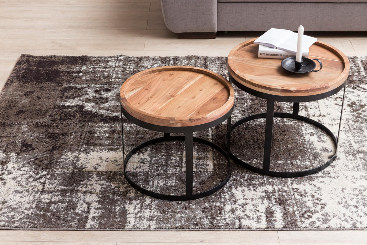BEISTELLTISCH 2er Set Massivholz Metallgestell Rund Natur INDI, Beige 53x53x45 cm - Beige/Schwarz, Holz/Metall (53/53/45cm) - KADIMA DESIGN