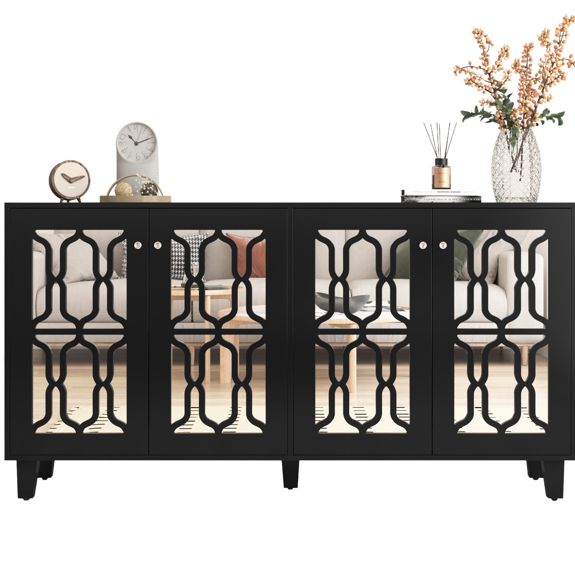 OKWISH KOMODA 160/40/84 cm černá z MDF se zrcadlovým povrchem a křišťálovými úchytkami