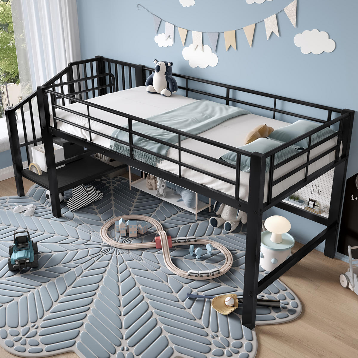 HOCHBETT 90/200 cm Schwarz halbhoch mit Stauraumtreppe aus MDF und Metall - Schwarz, Holzwerkstoff (90/200cm) - OKWISH