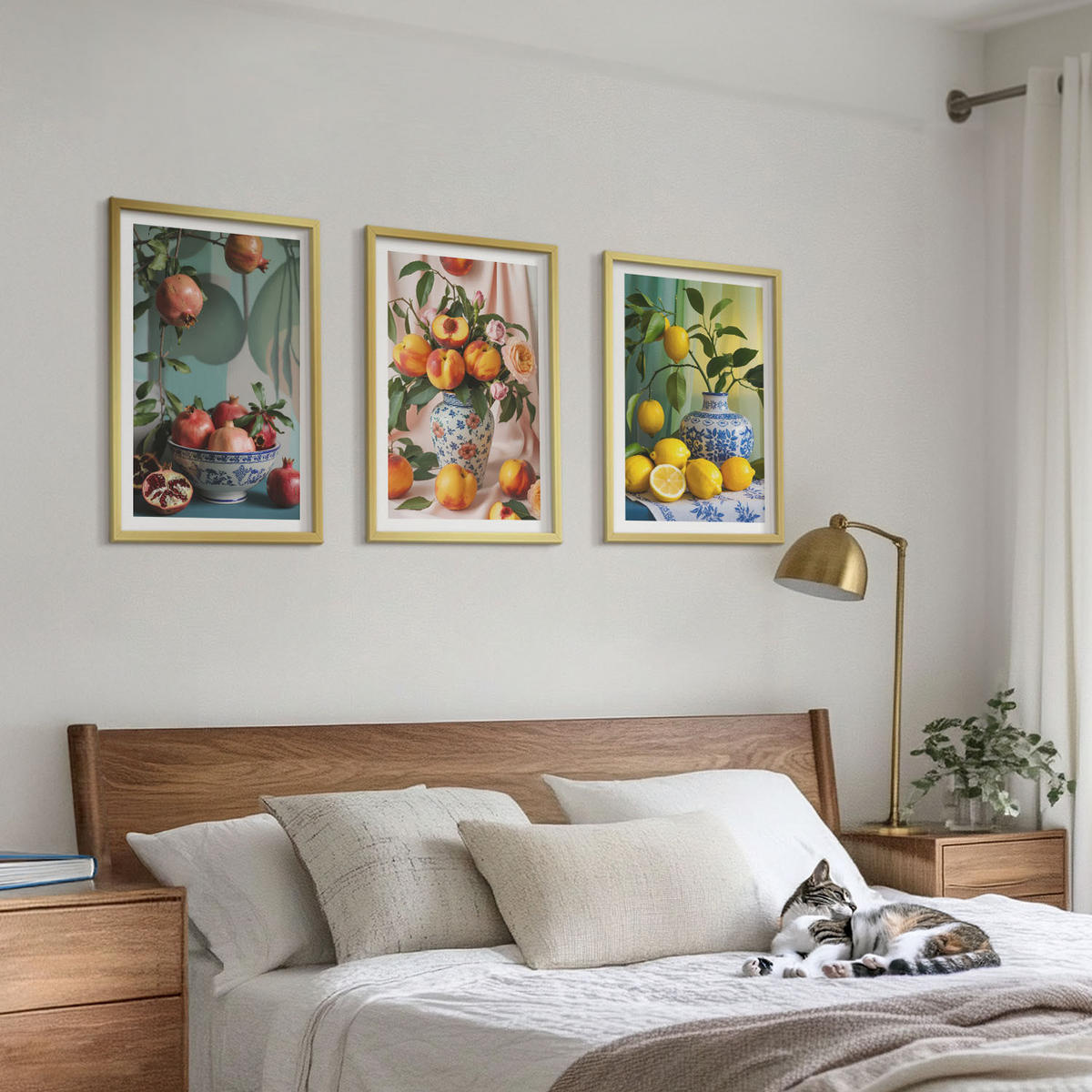 WANDBILDER 3er Set - 40x60 cm Goldrahmen - Granatäpfel, Pfirsiche, Zitronen - Goldfarben, Kunststoff (40/60cm) - ArtPrintCave