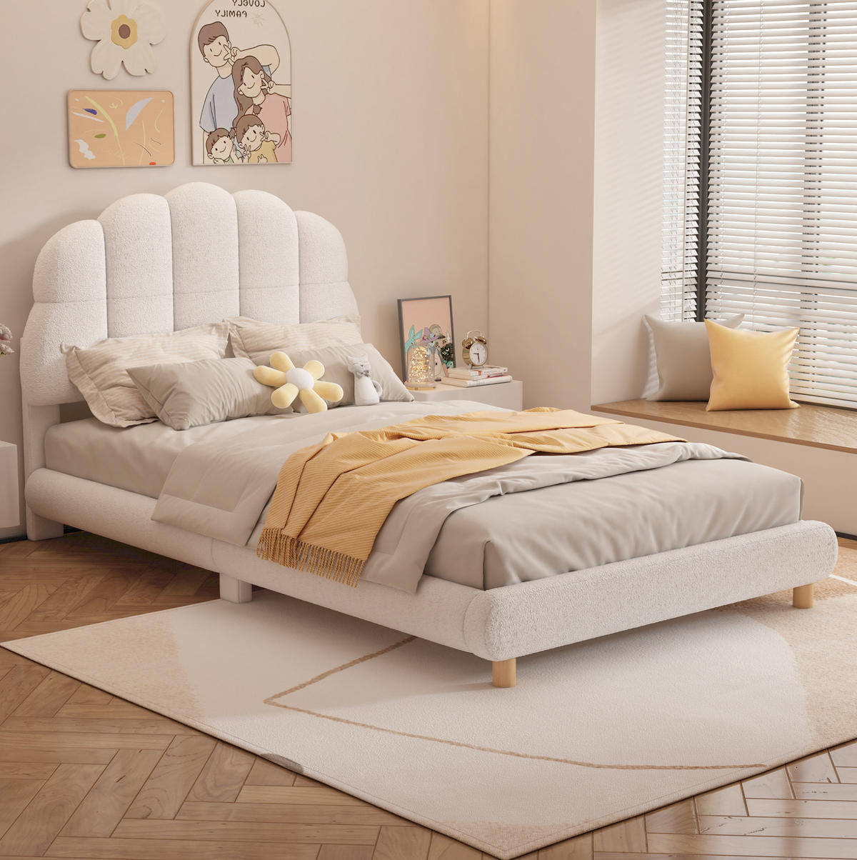 DETSKÁ posteľ 90/200 cm z plyšu, biela, s roztomilým čelom v tvare kvetu - biela, textil (90/200cm) - BEAOK