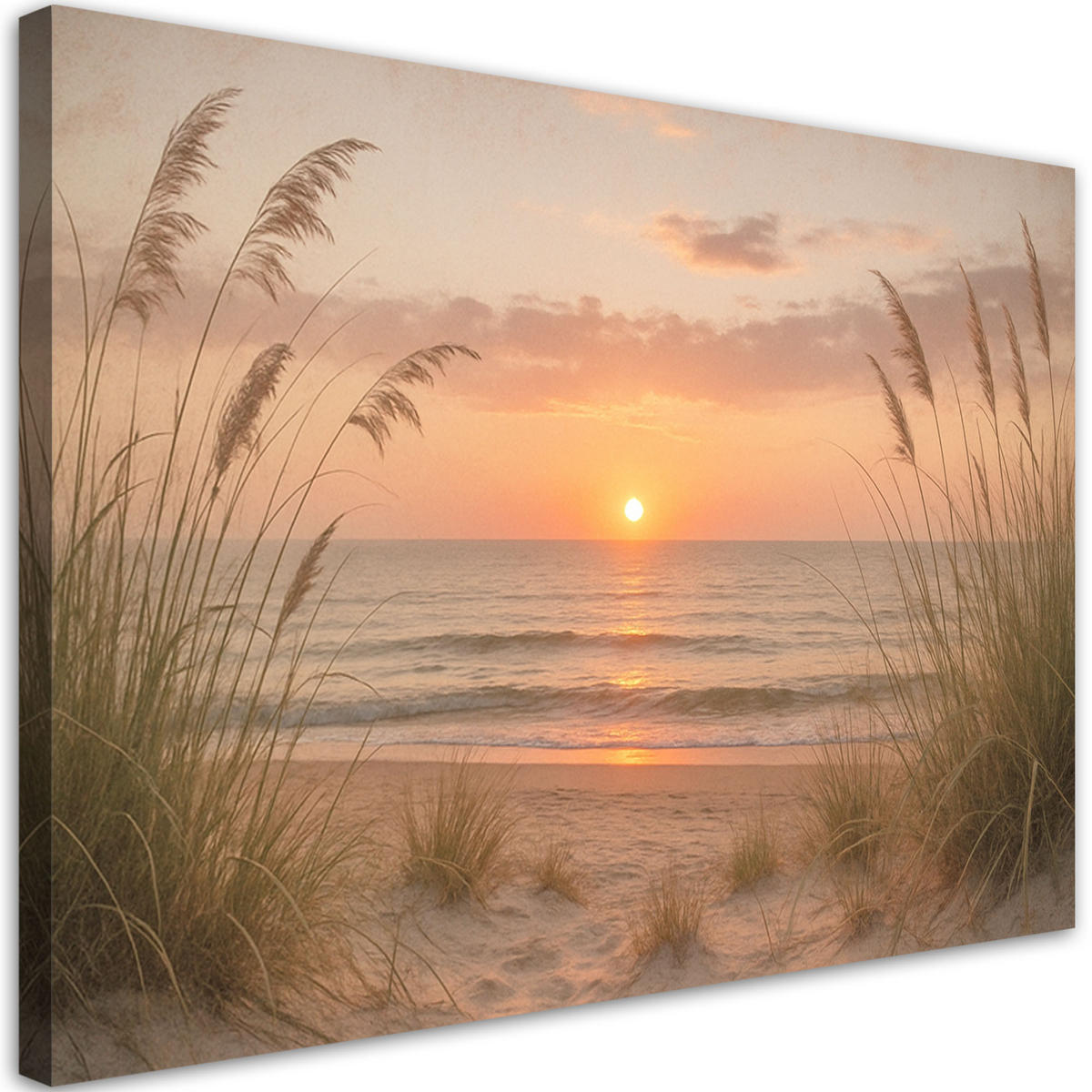 LEINWANDBILD Sonnenuntergang Strand Seegras 90x60cm - Orange, Textil (90/60cm) - Feeby