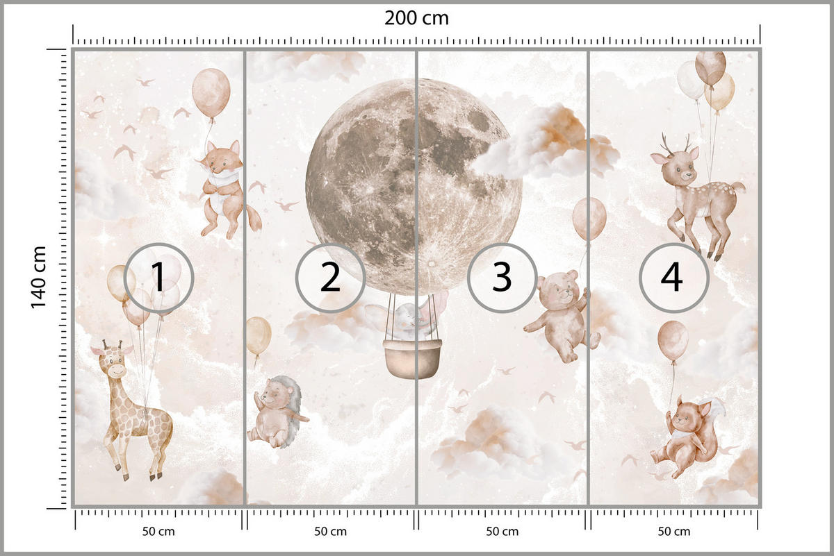 FOTOTAPETE für Kinderzimmer Mond Ballons Bär Rehkitz Giraffe Wolken 200x140 - Beige/Rosa, Papier (200/140cm) - Muralo