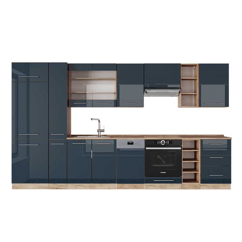 KÜCHENZEILE Fame-Line Dunkelblau Hochglanz/Goldkraft Eiche 355 cm ohne AP - Eiche Wotan/Dunkelblau, Holzwerkstoff (355/81.6/46cm) - Vicco