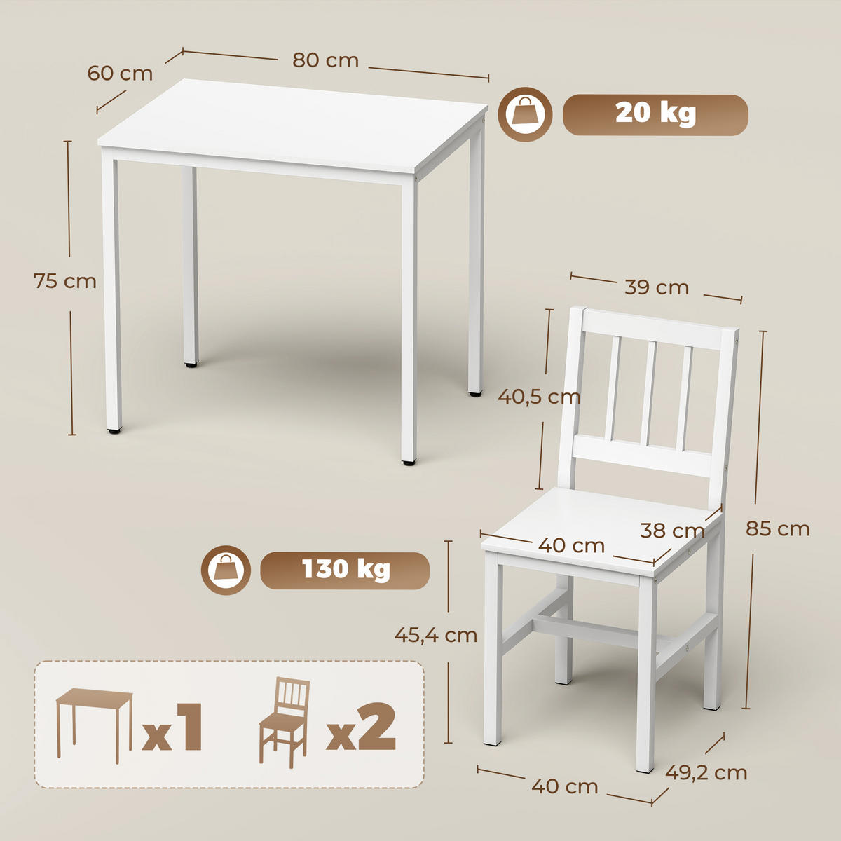 ESSGRUPPE MDF Kohlenstoffstahl Weiß - Weiß, Holzwerkstoff/Metall (60/75/80cm) - HOMCOM