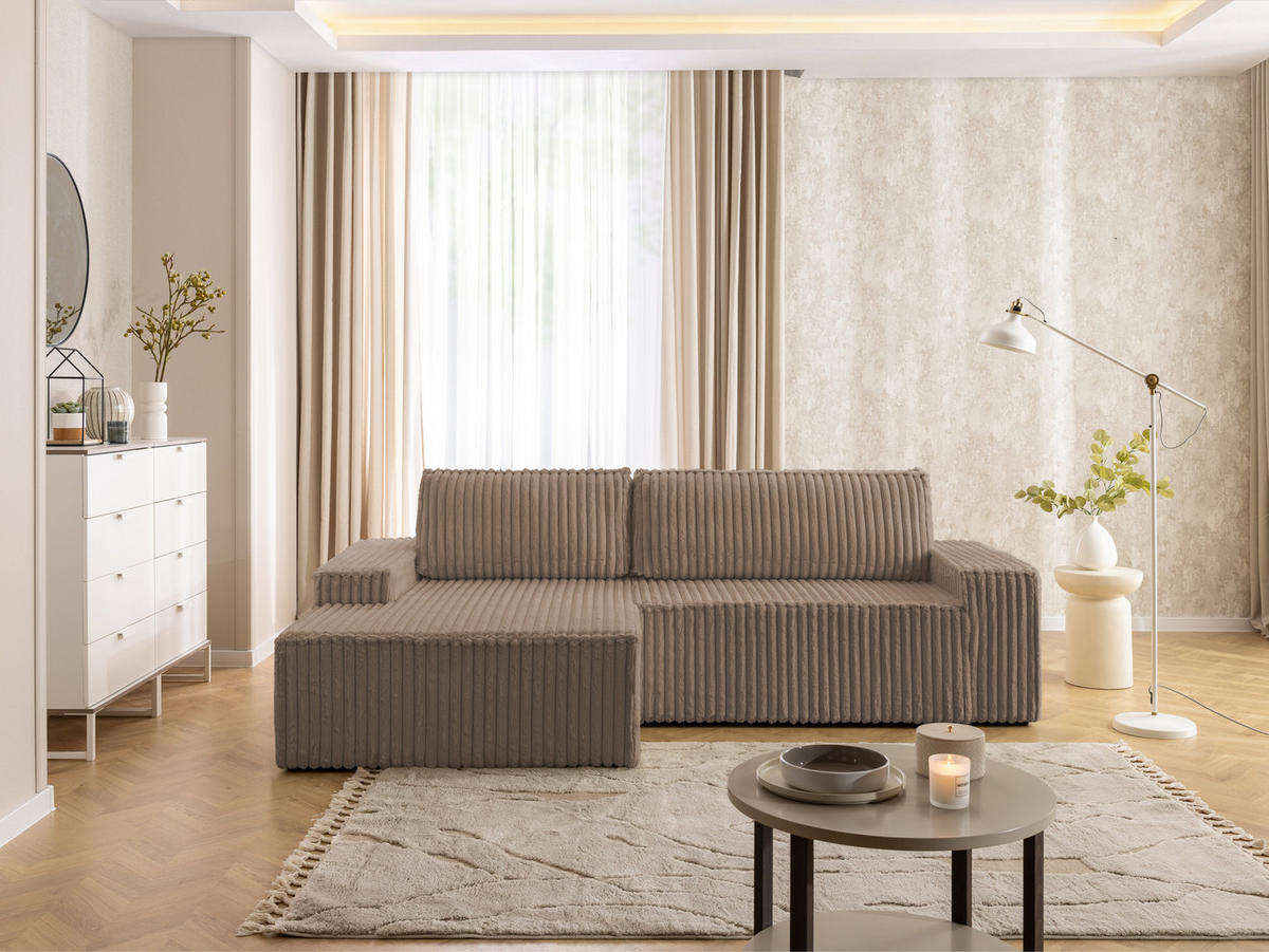ECKSOFA Rivio mit Schlaffunktion und Bettkasten, Plüschcord Braun - Schwarz/Braun, Holz/Kunststoff (149/262cm) - S-Style