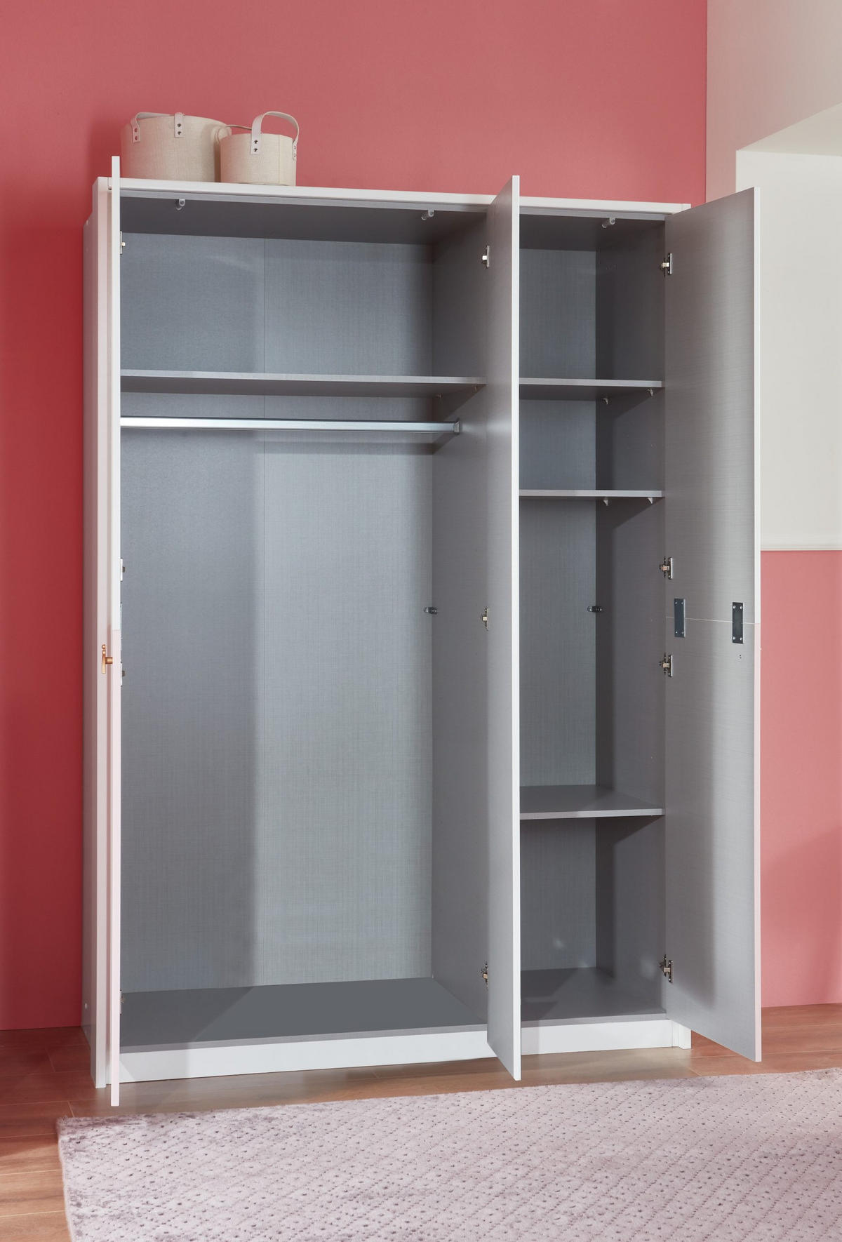KLEIDERSCHRANK Cindy in Weiß und Rosa - Drehtürenschrank 3 türig - Weiß, Holzwerkstoff (139/199/58cm)