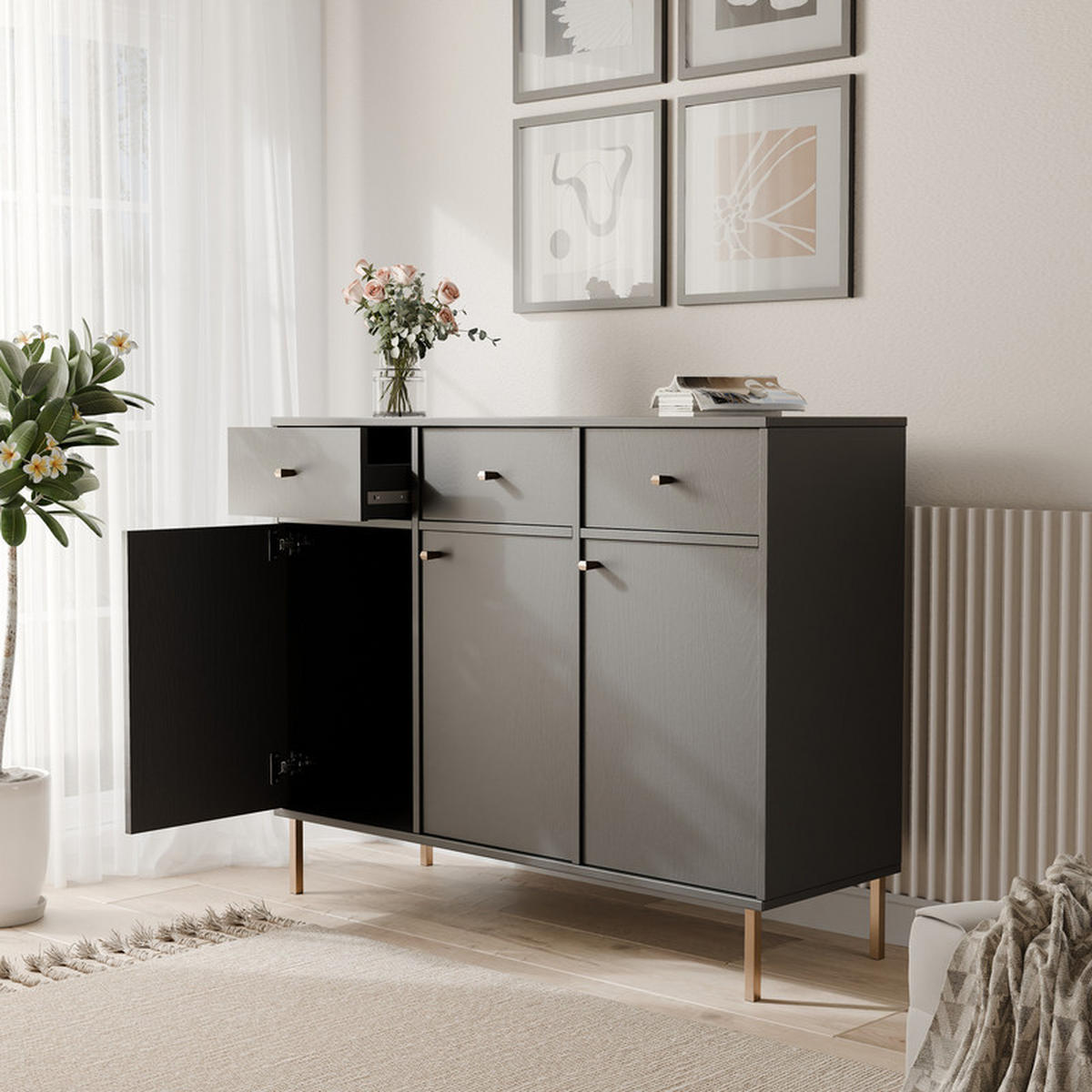 KOMMODE FLOW 124/41/95 cm, 3 Schublade(n), Schwarz - Schwarz, Holzwerkstoff/Metall (124.5/95/40.8cm) - Idohome