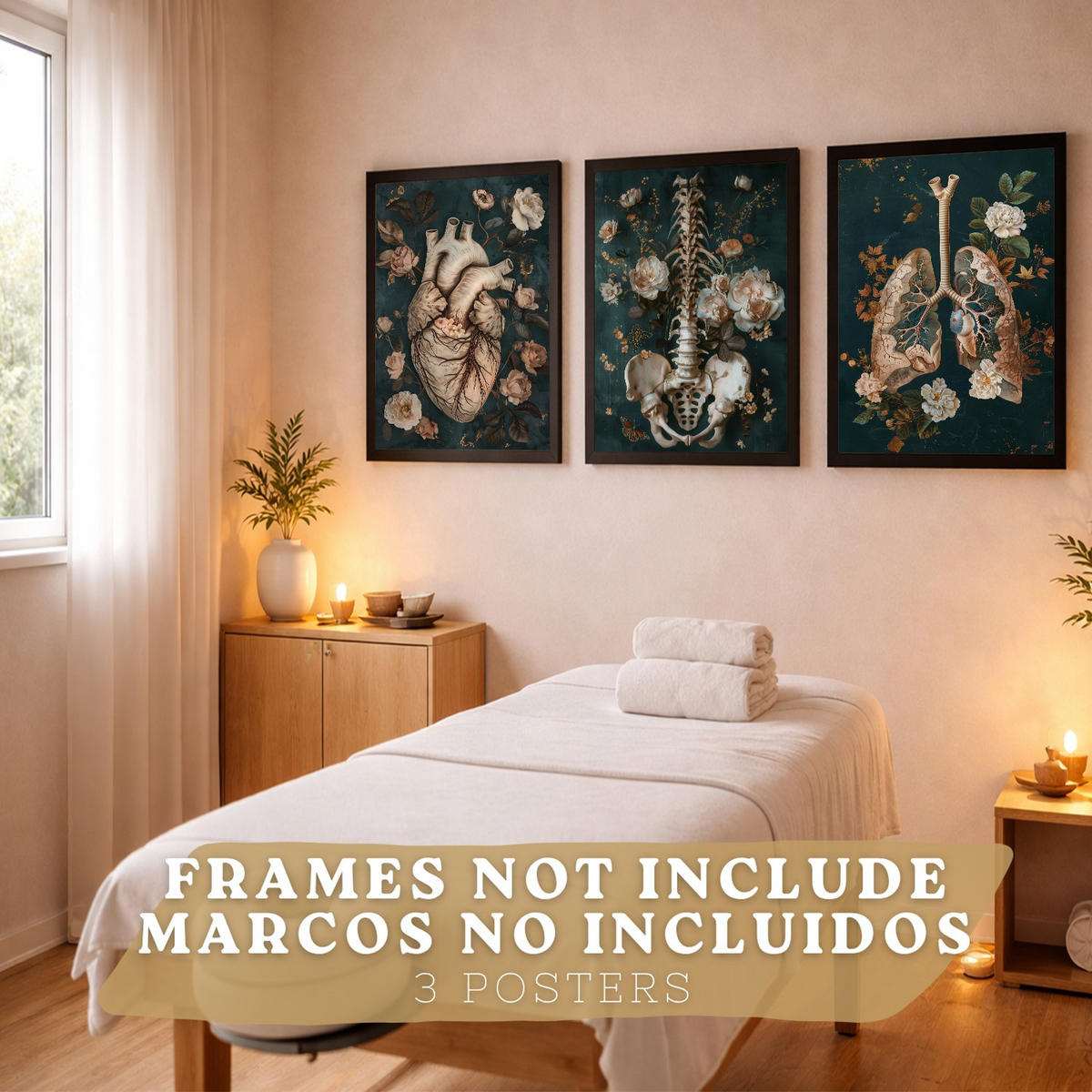 POSTER Set aus 3 Anatomie Mensch Drucke und Wandbilder mit Herz Atmungssystem und Skelett Botanischer Stil Wanddekoration Größe Rahmenlos A4 - Klar, Papier (21/29.7/3cm) - Nacnic