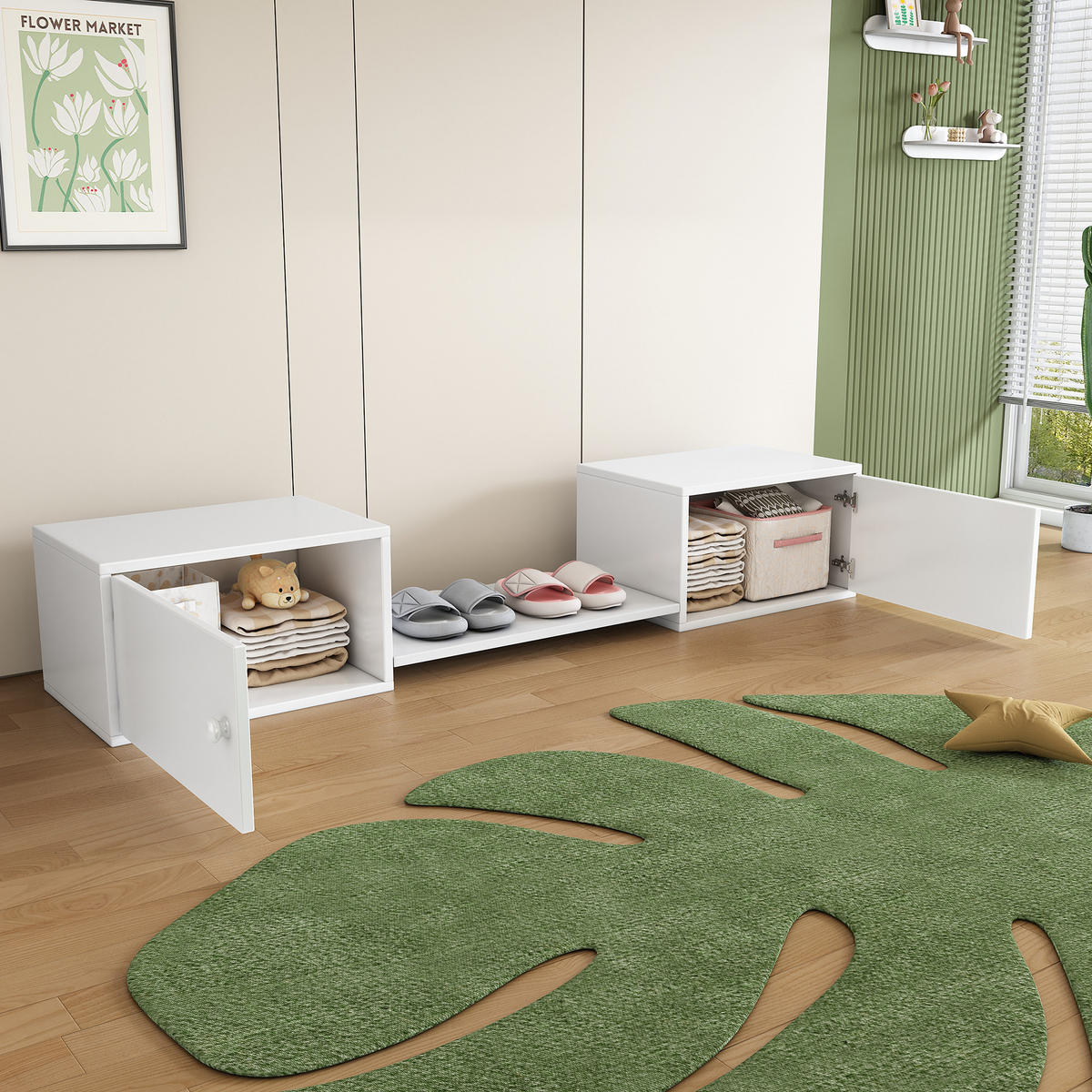 SCHUHSCHRANK Sitzbank Schuhschrank MDF Kiefernholz Doppeltür Stauraum Bank 189/40/34,5 - Weiß, Holzwerkstoff (189/34.5/40cm) - EVRYAE