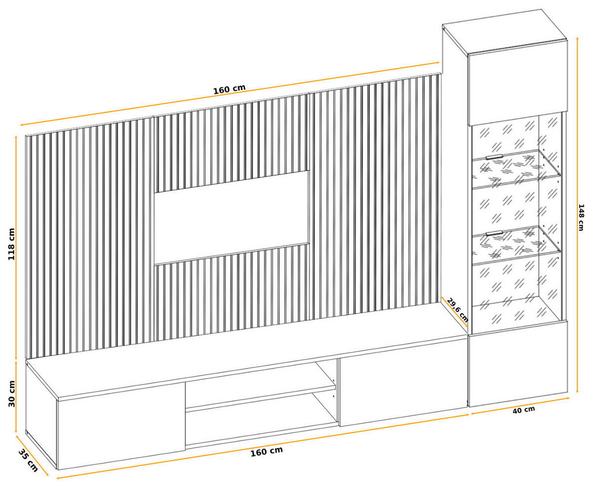WOHNWAND hellgrau, Eiche Artisan 200 cm, Schrankwand inklusive Beleuchtung und Push-to-Open - Hellgrau/Eiche Artisan, Glas/Holzwerkstoff (200/148/35cm) - Inn.Furn