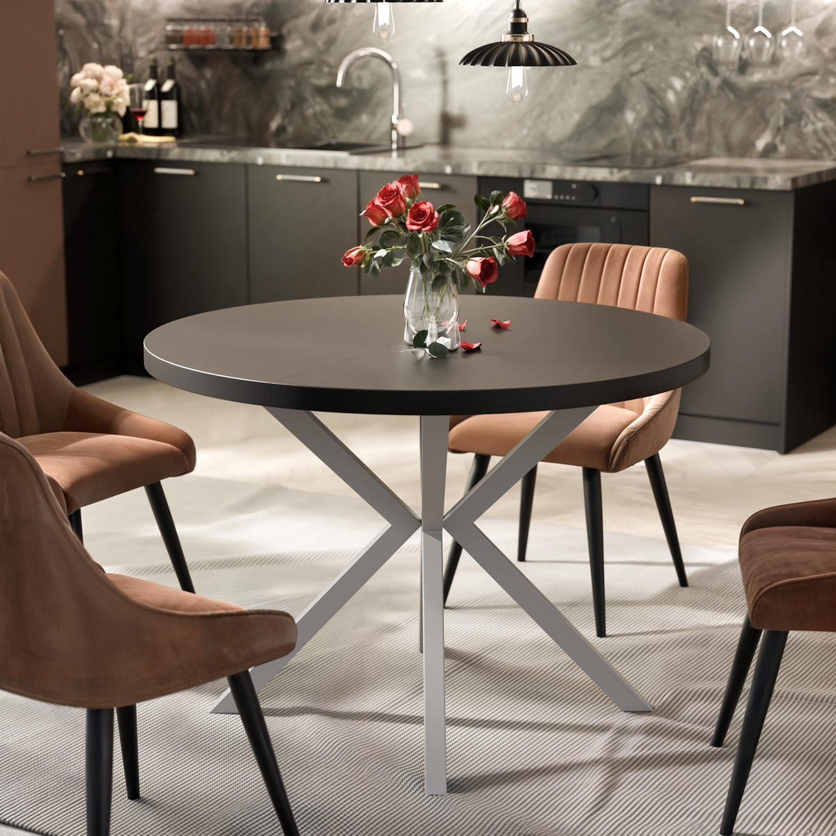 AUSZIEHTISCH MILTON 90-166/76 cm mit Metallgestell, Kaschmir / Schwarz Molet - Kaschmir/Schwarz, Holzwerkstoff/Metall (90/90/76cm) - Idohome
