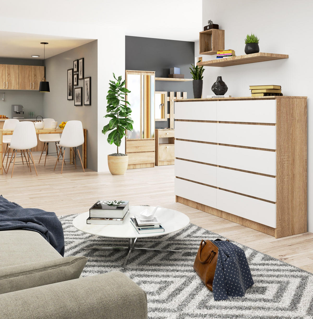 KOMMODE Eiche Sonoma, Weiß 121/160/40 - Weiß, Holzwerkstoff (160/121/40cm) - RAUMHIRSCH FURNITURE