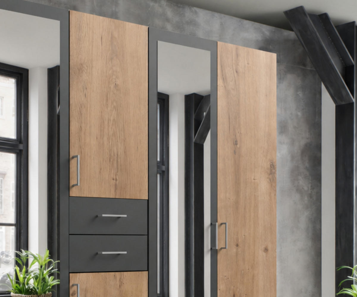 DREHTÜRENSCHRANK Kleiderschrank B225/H208/T58 cm mit Schubkästen & 2 Spiegeltüren, Eiche Dekor mit Absetzungen in Grafit / 22592 - Eichefarben/Silberfarben, Holzwerkstoff/Kunststoff (225/208/58cm) - luma-home