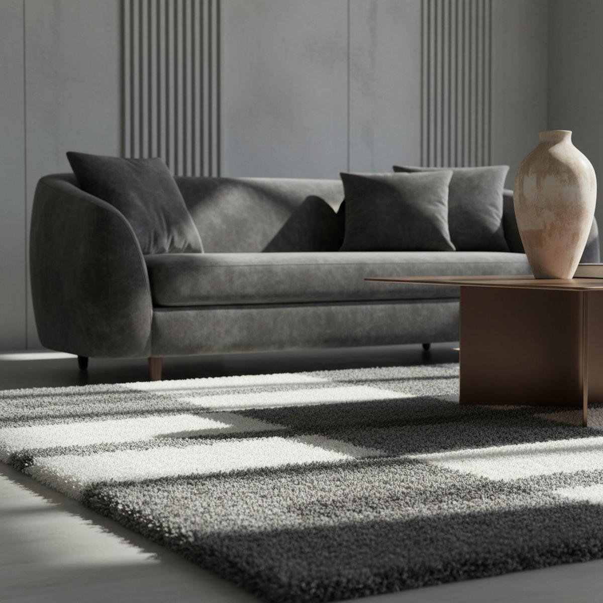 HOCHFLORTEPPICH Shaggy Kariert Kuschelig Waschbar Wohnzimmer Hellgrau 80x150 cm – WERFEN - Grau, Textil (80/150cm) - KADIMA DESIGN