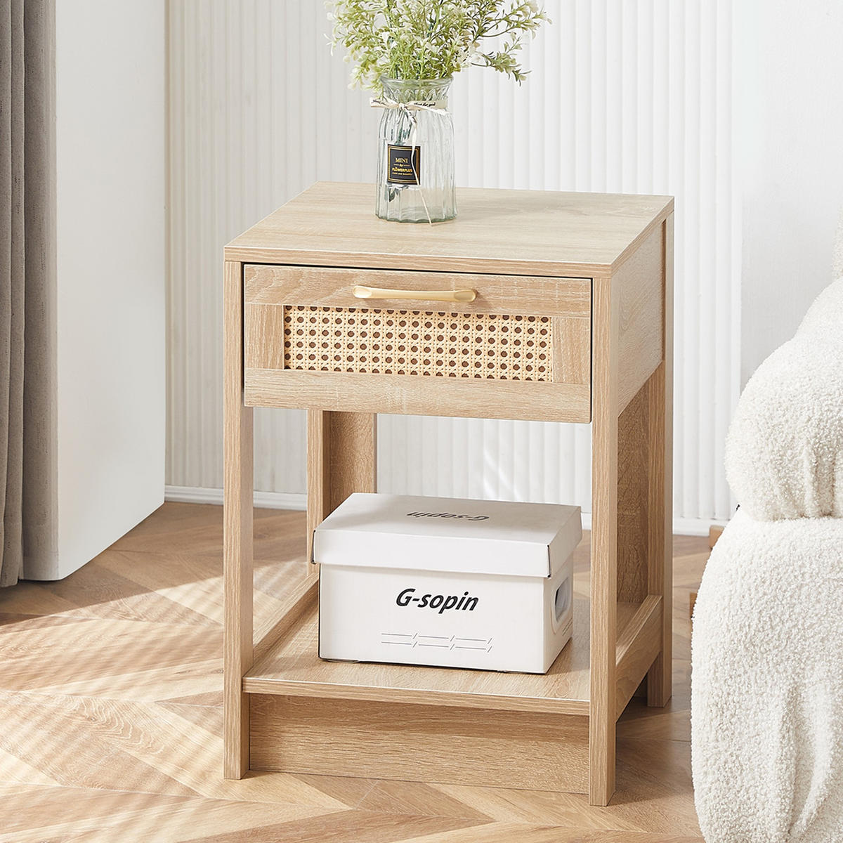 BEISTELLTISCH 40/40/55cm Rattan Nachtisch mit Schublade,Naturfarben - Naturfarben, Holz (40/40/55cm) - LVHOM