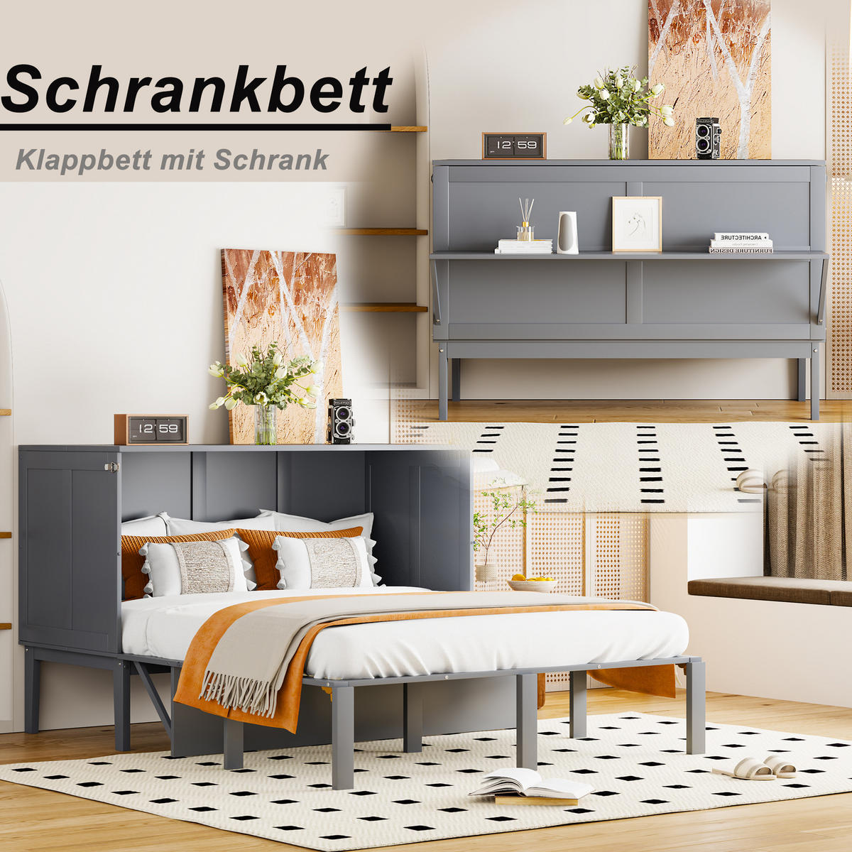 SCHRANKBETT 140/200 cm Grau mit Lattenrost und Hochschrank-Design - Grau, Holzwerkstoff (140/200cm) - OKWISH