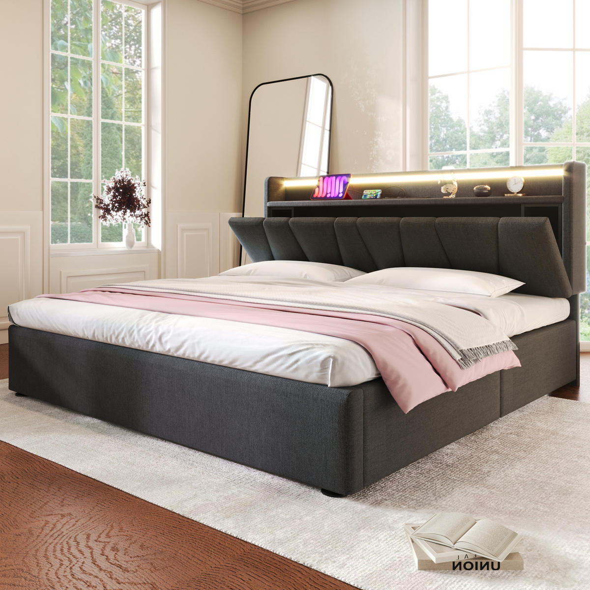 POLSTERBETT aus Leinen 160x200 cm in Grau mit LED-Beleuchtung & Ladestation - Grau, Textil (160/200cm) - Modfu