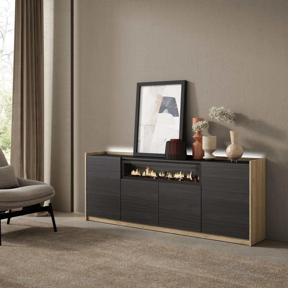SIDEBOARD, Schwarz und Eiche, 207/37/80cm, Kamin mit Feuereffekt - Schwarz, Holzwerkstoff (207/80/37cm) - Skraut Home