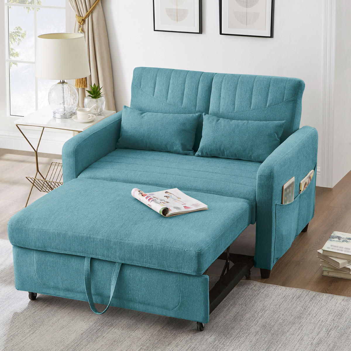 SOFABETT mit Schlaffunktion 166 x 95 cm Baumwoll-Leinen - Blau, Metall (77/82.5/114cm) - Meubliv