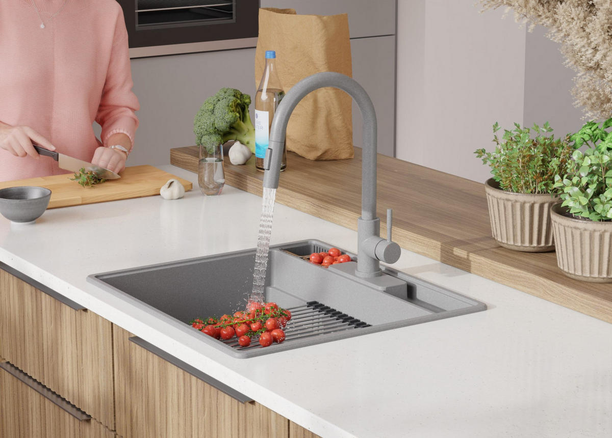 SPÜLBECKEN New York, 2-er set Grau 58/53 cm 1 Becken + Ablauf-Set + Küchenzubehörset ab 60er Unterschrank - Chromfarben/Beige, Kunststoff (58/20/53cm) - Primagran