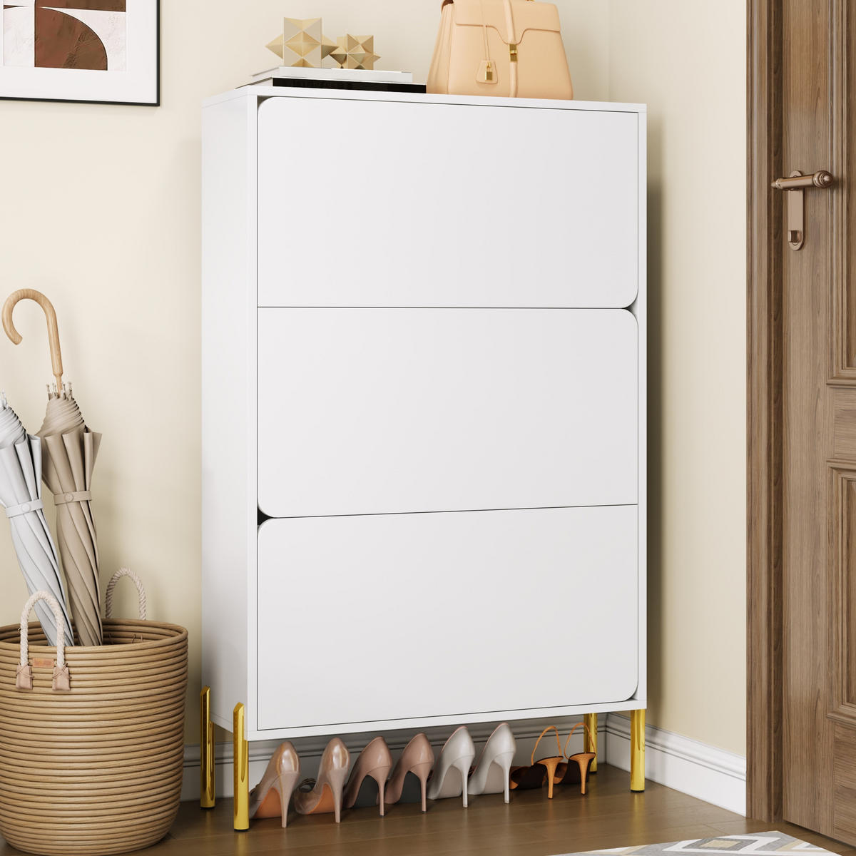SCHUHSCHRANK aus MDF 73x24x120cm in Weiß mit goldenen Metallbeinen - Weiß, Holzwerkstoff (73/120/24cm) - Modfu