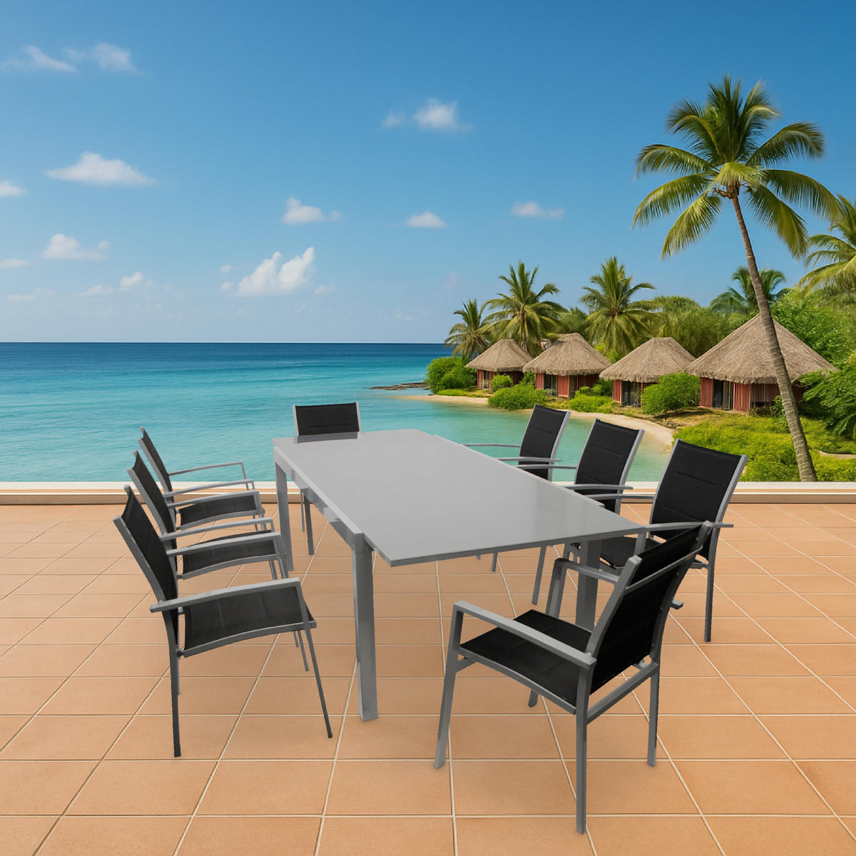 GARTEN-GARNITUR Ashford - 9-teilig Garten-Essgruppe (8x Stapelsessel mit Armlehnen, 1x Ausziehtisch 180/240x100cm), Gestell Aluminium - Schwarz, Metall - TPFGarden