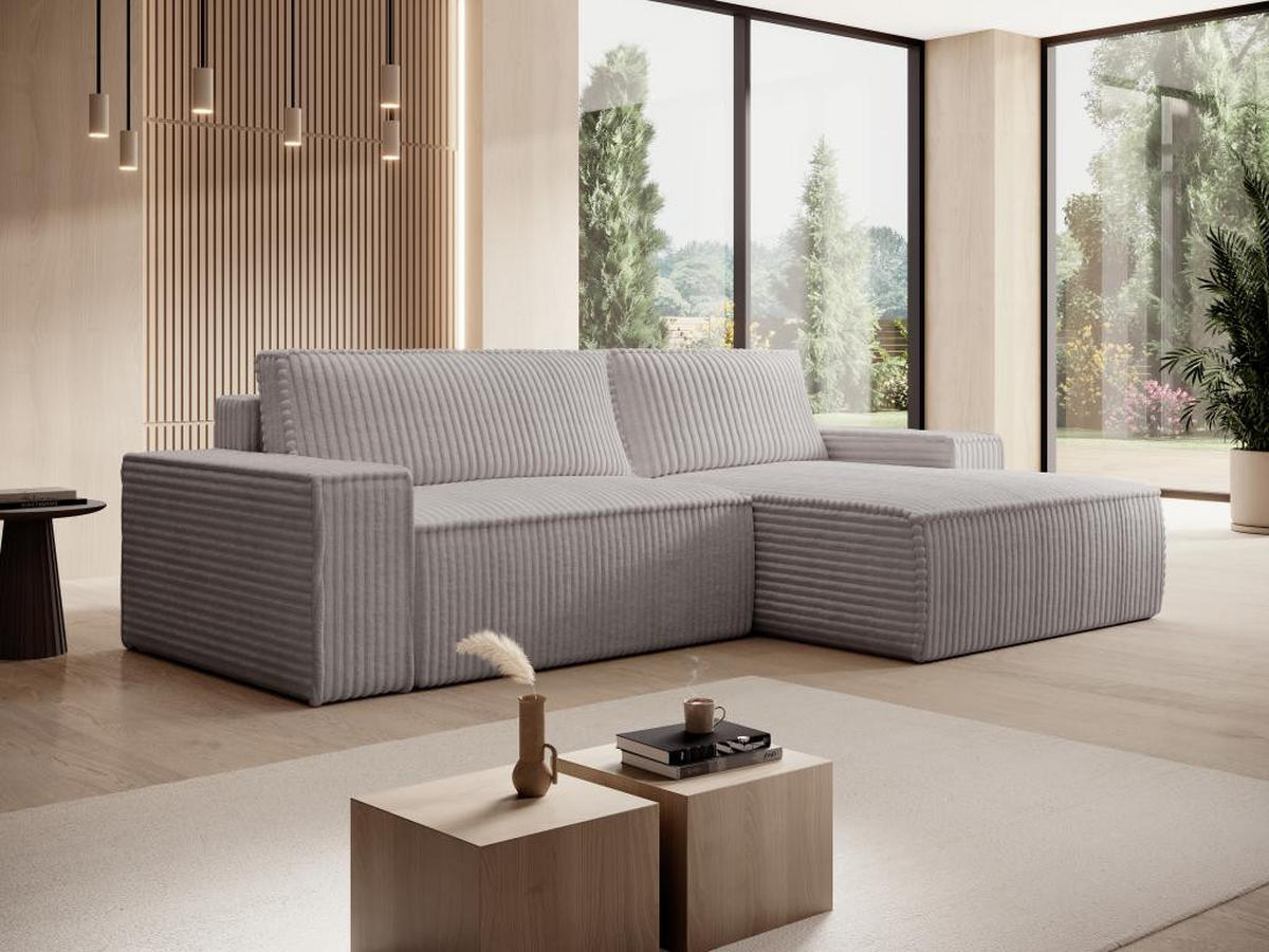 ECKSOFA mit Schlaffunktion - Ecke rechts - grob gerippter Cord - Hellgrau - AMELIA - Hellgrau, Textil (167/267cm) - Vente-Unique