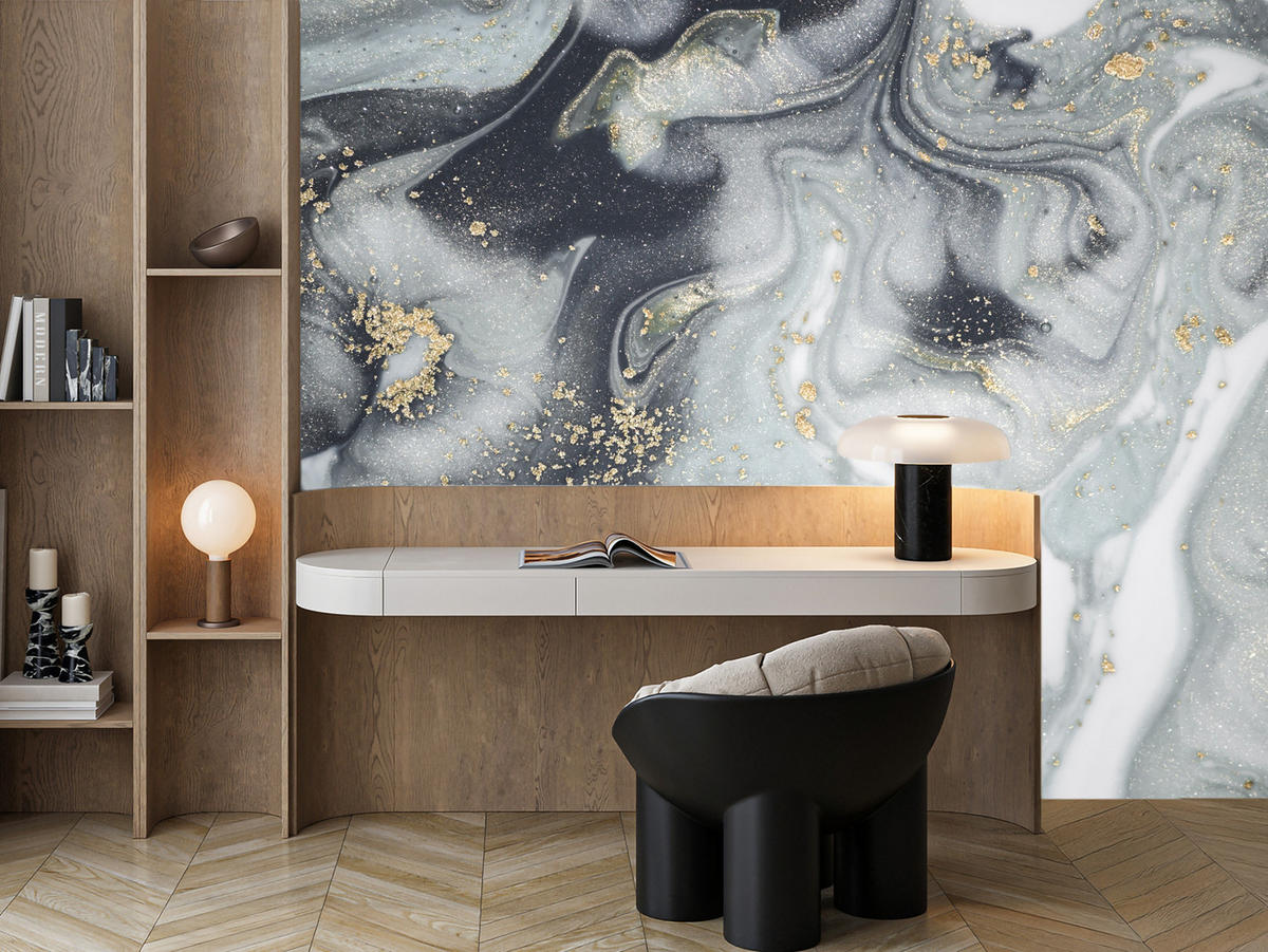 FOTOTAPETE für Badezimmer Luxus Grauer Marmor Muster Goldene Verzierungen 350x256 - Gelb/Weiß, Papier (350/256cm) - Muralo