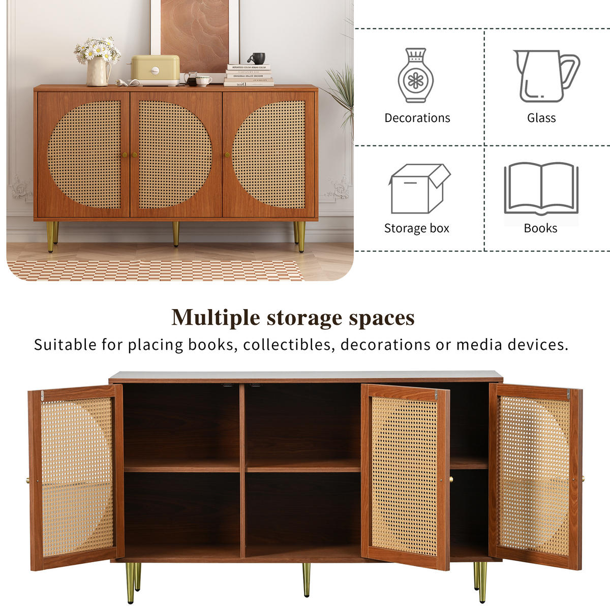 SIDEBOARD, 3 Rattan Türen, Metallgriffe, Nussbaum, 129.8x40x76cm - Walnussfarben, Holzwerkstoff (40/76/129.8cm) - FLIEKS