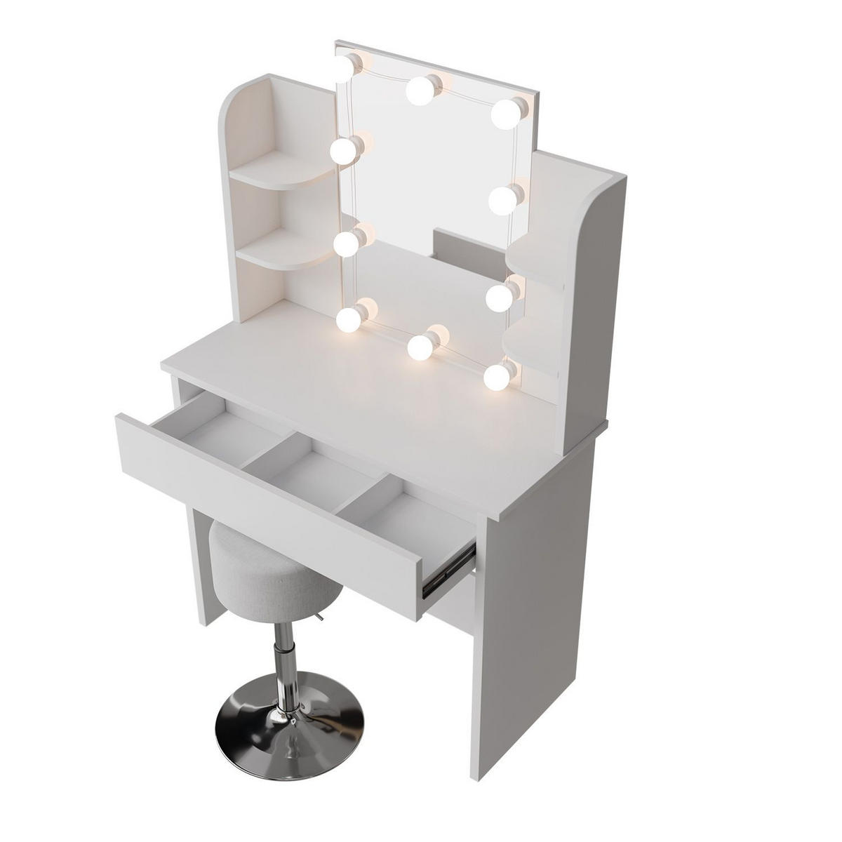 SCHMINKTISCH Zoey LED-Beleuchtung & Hocker Tonia - Weiß, Holz (40/140/90cm) - Juskys