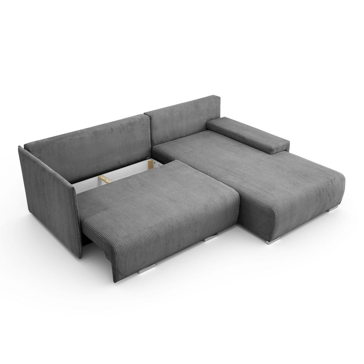 ECKSOFA L-Form Schlaffunktion Livorno Cord-Stoff Grau Rechts - Chromfarben/Schwarz, Holz/Kunststoff (246/188cm) - Kaiser Möbel