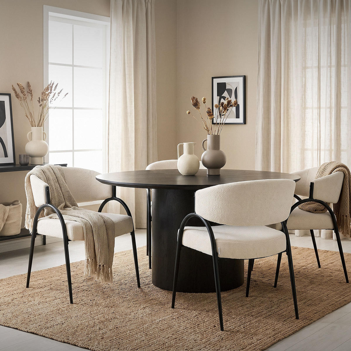 ESSZIMMERSTUHL 2er Set Küchenstühle gepolstert mit Webstoff-Bezug und Arm- und Rückenlehne Beige - Beige/Schwarz, Textil/Metall (54/81/65cm) - ML-DESIGN
