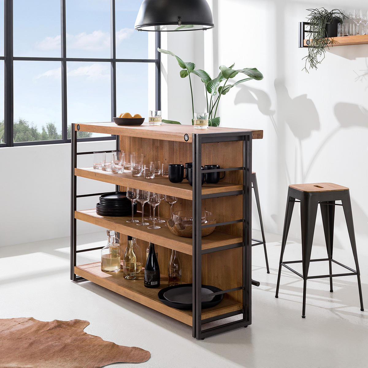 BAR - Akazie teilmassiv / Metall - Braun, Holz (140/105/52cm) - home24