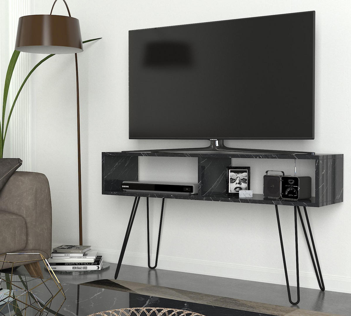 TV-LOWBOARD Alya mit Metallfüße Marmor Optik - Schwarz, Holzwerkstoff/Metall (120/68.5/29.5cm) - moebel17