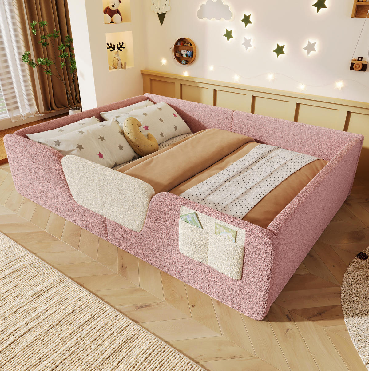 POLSTERBETT 140/190 cm rosa aus Samt mit abnehmbaren Seitengittern - Rosa, Textil (140/190cm) - OKWISH