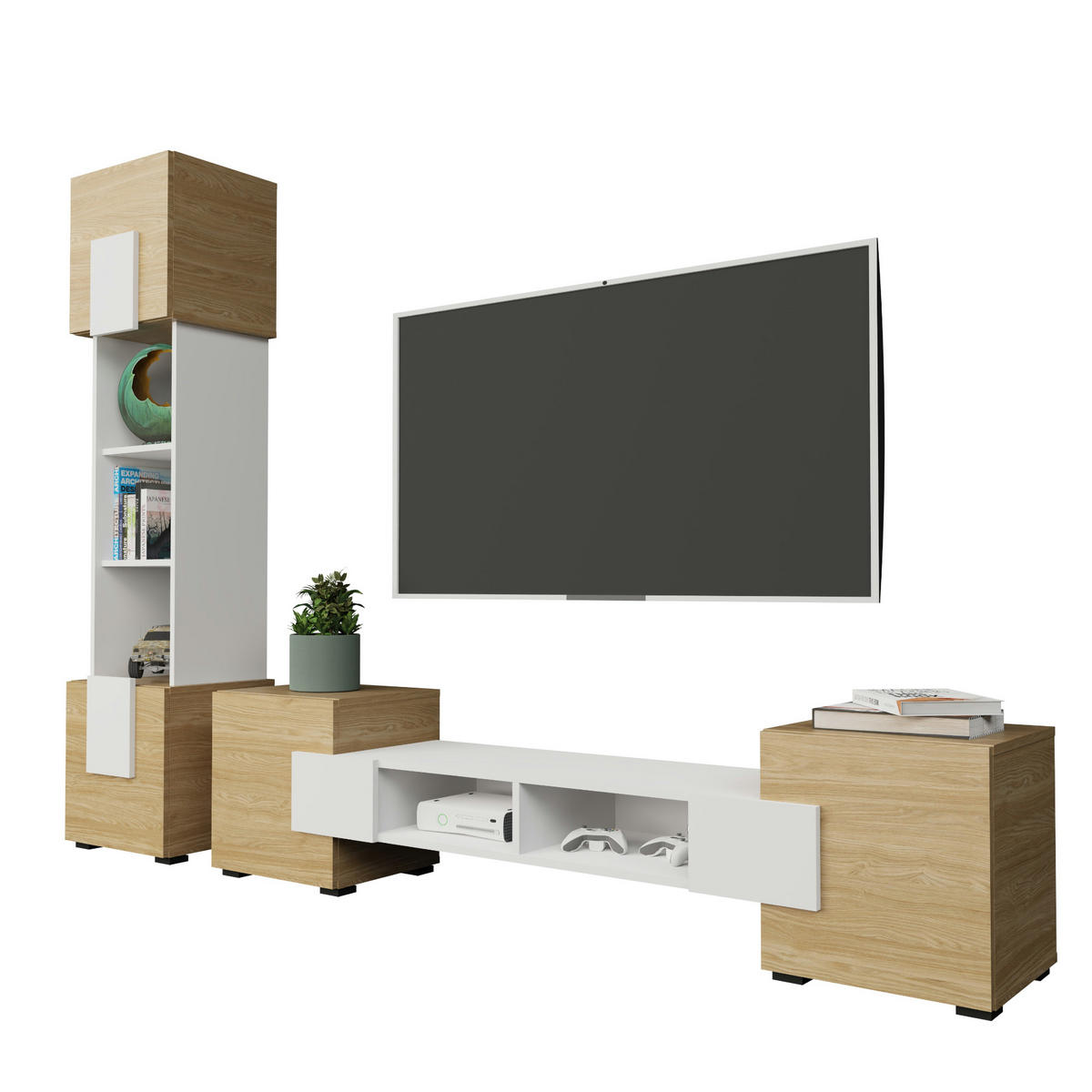 WOHNWAND TORINO Hängend + Stehend, 2-er Set, Mattes Finish, Arktisches Weiß, Ölbehandelt Eiche - Eichefarben/Weiß, Holzwerkstoff/Kunststoff (220/172/35cm) - Komodee