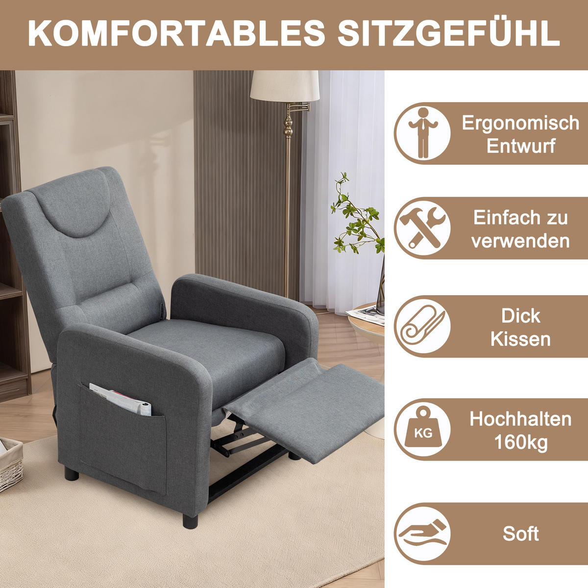 RELAXSESSEL Leinen mit verstellbarer Rückenlehne, Fußstütze 76,5/67,5/95,5 cm Dunkelgrau - Grau, Kunststoff (67.5/95.5/76.5cm) - Redom