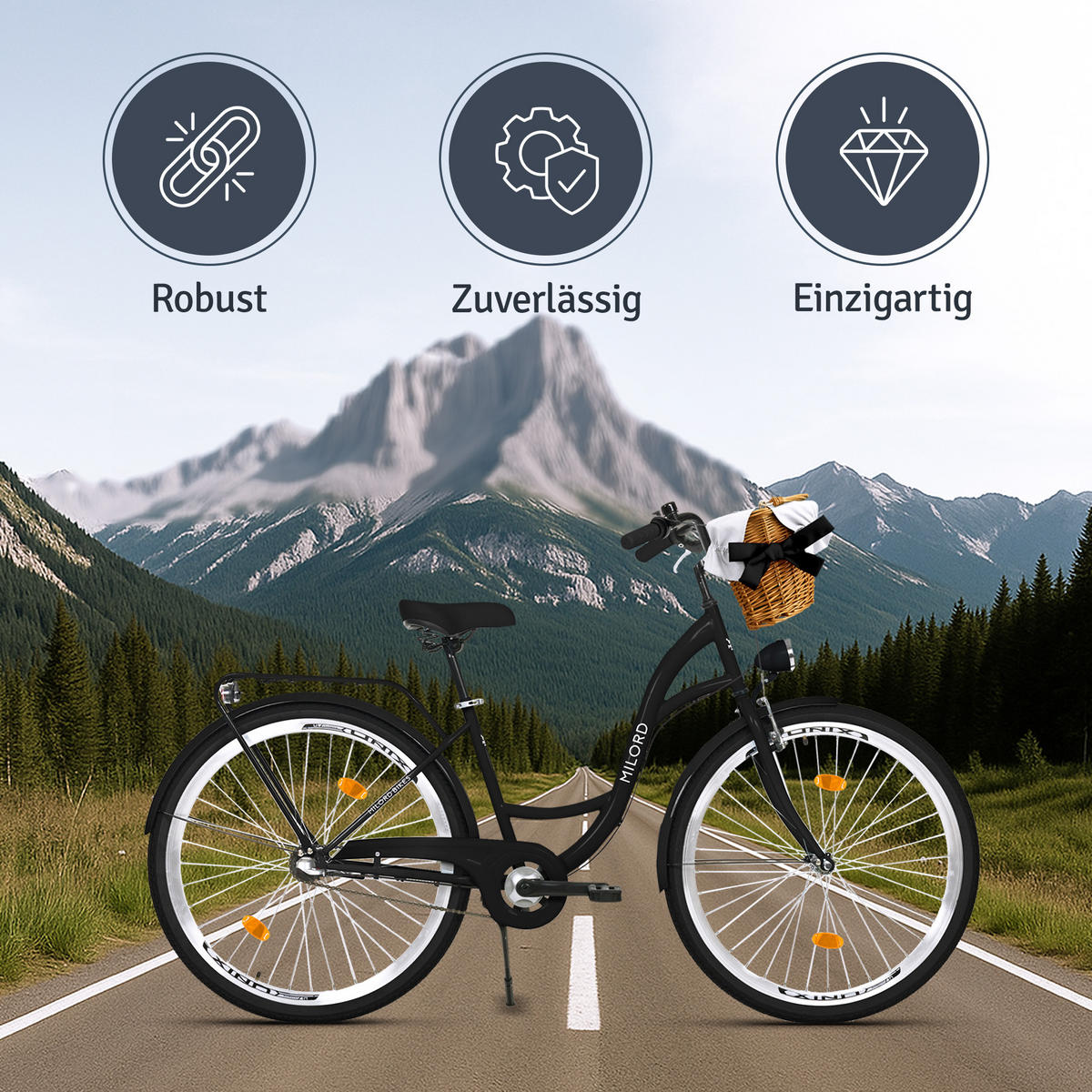 CITY-FAHRRAD Milord mit Weidenkorb, 28 Zoll, Schwarz, 3-Gang - Schwarz, Metall (46cm) - Milordbikes