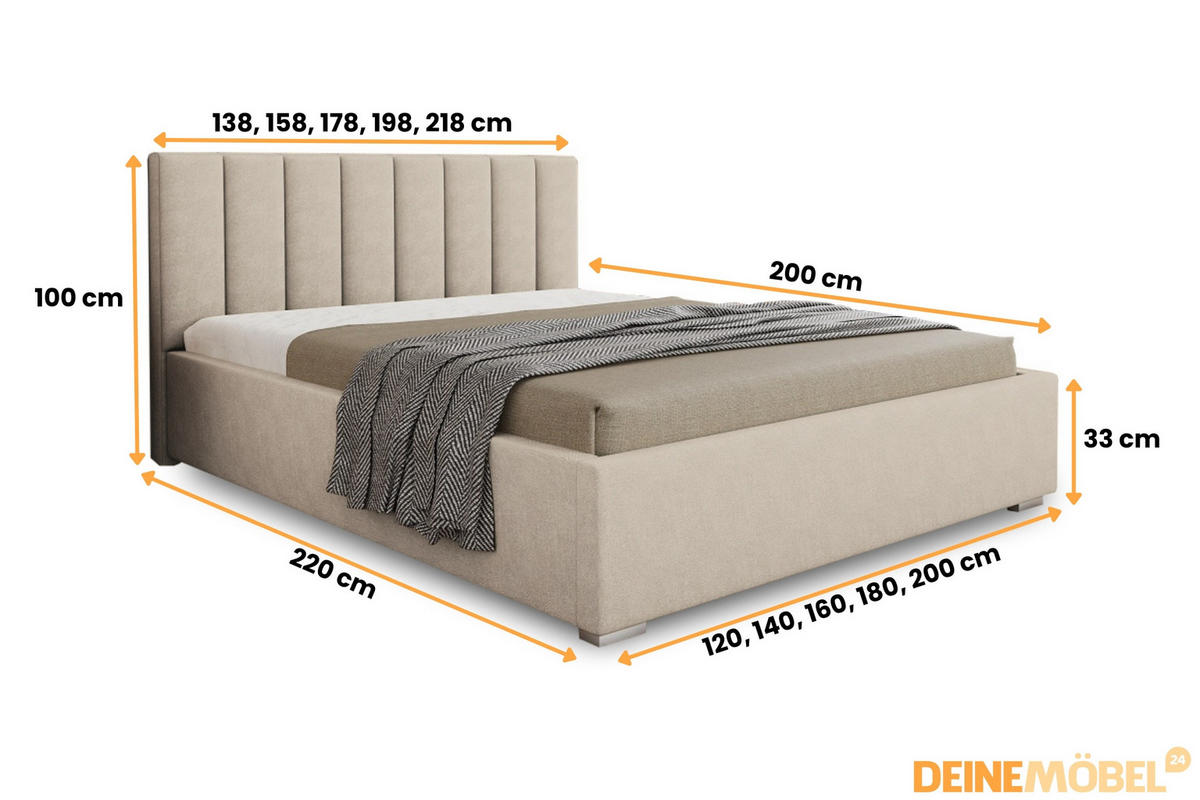 POLSTERBETT GORDON 140/200 in Velours Beige - Beige, Holz/Holzwerkstoff (140/200cm) - Deine Möbel 24